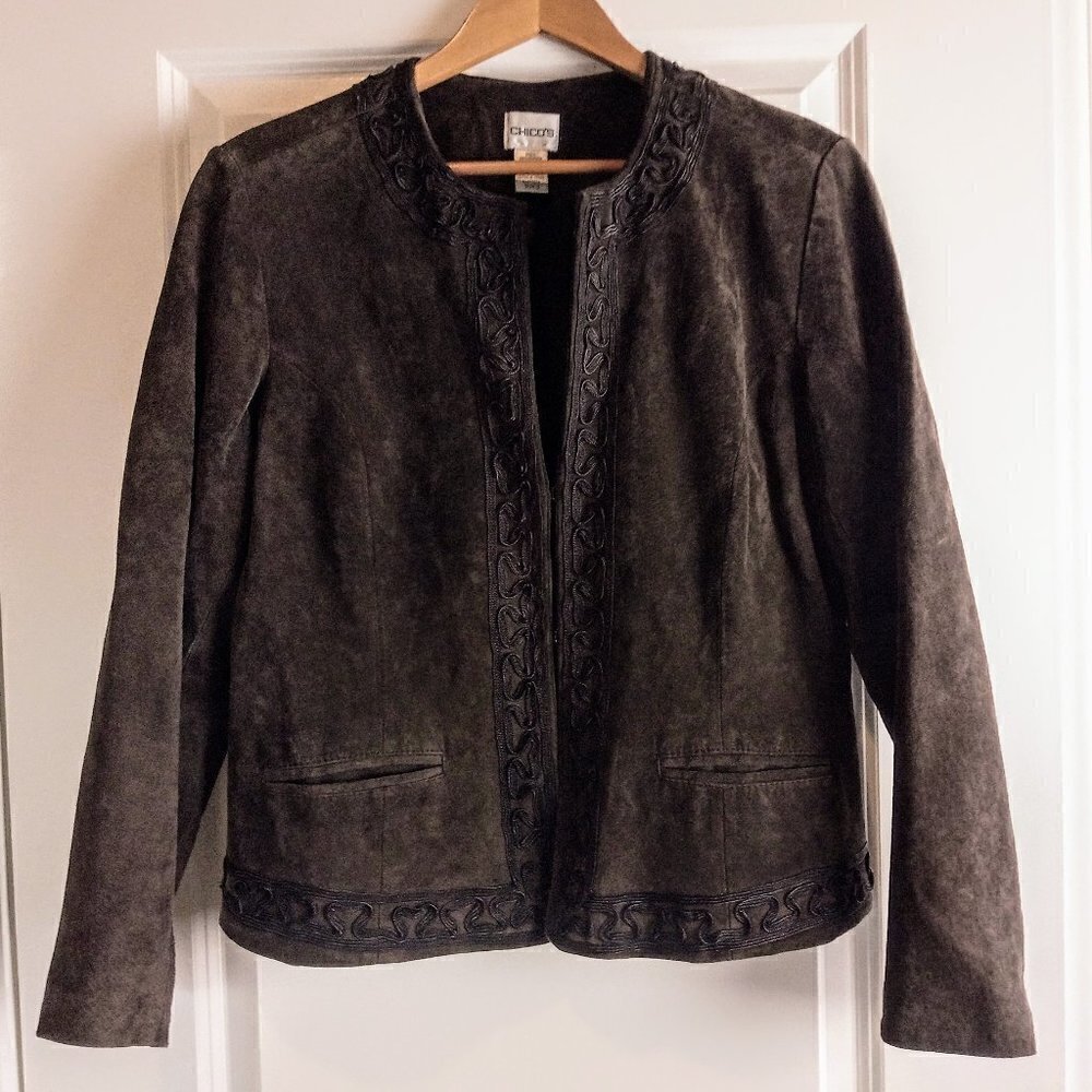 Chico's Brown Suede Leather Soutache Ribbon Trim Jacket